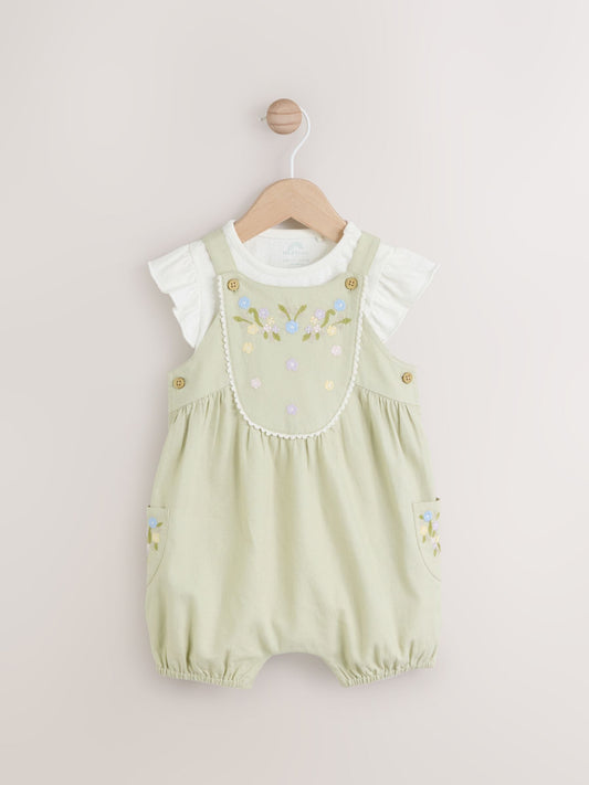 Sage Green Embroidered Floral Short Sleeve 100% Cotton Bodysuit And Leg Baby Dungaree Set (0mths-2yrs) image 1