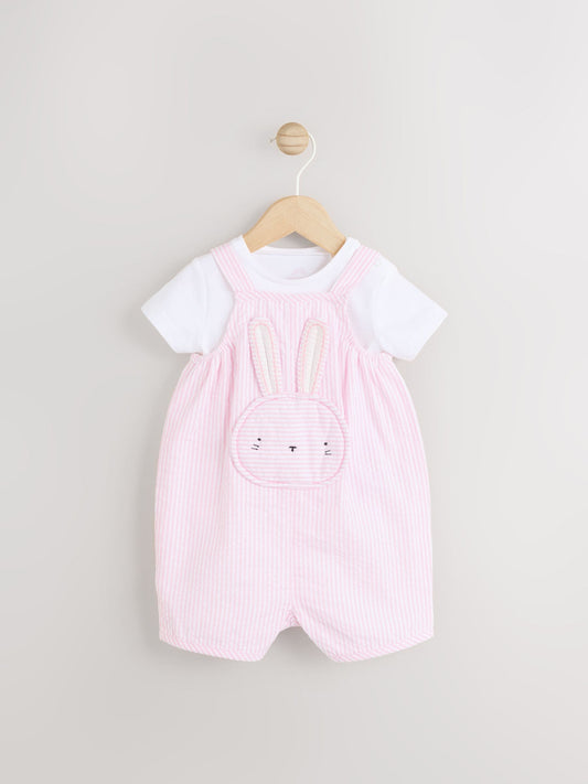 Pink Bunny Face Short Sleeve 100% Cotton Bodysuit And Leg Baby Dungaree Set (0mths-2yrs) image 1