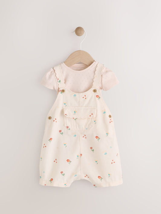 White Floral Short Sleeve Baby Bodysuit and Dungarees Set (0mths-2yrs) image 1