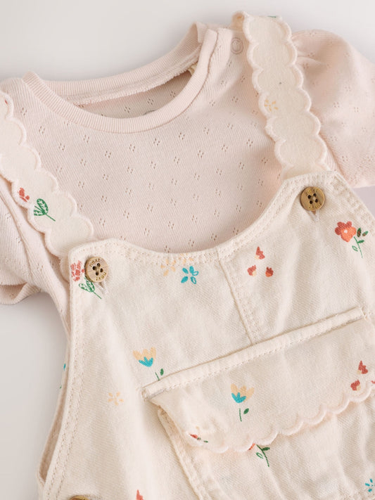 White Floral Short Sleeve Baby Bodysuit and Dungarees Set (0mths-2yrs) image 3