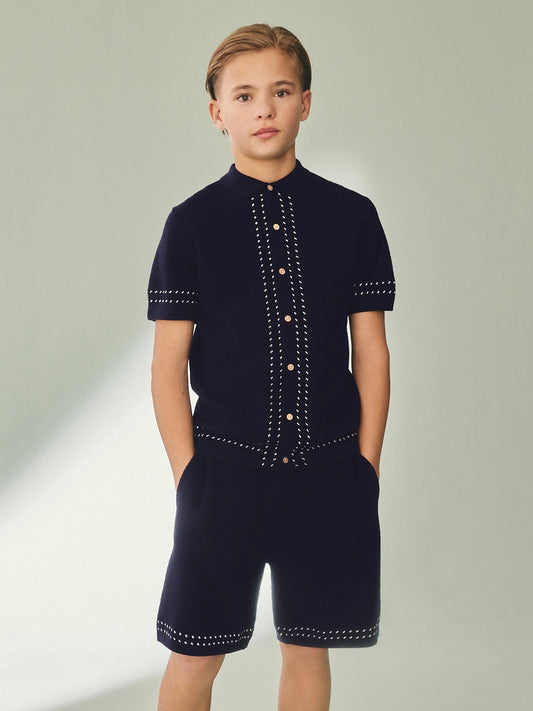 Navy Blue Textured Knitted Button Through Polo Shirt and Shorts Set (3-16yrs) image 1