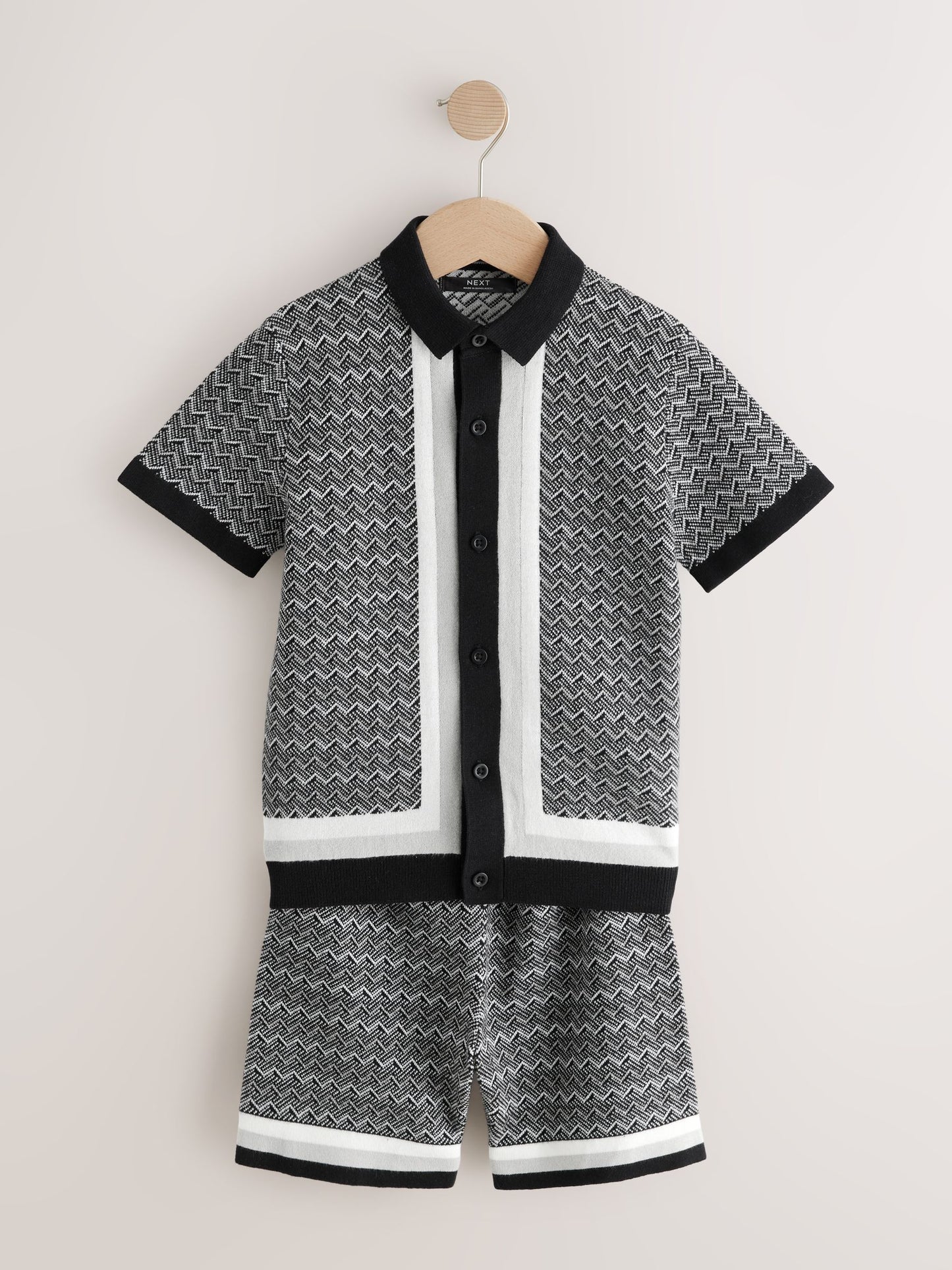 Dsiney Kidz - Monochrome Geo Knitted Button Through Polo Shirt and Shorts Set (3-16yrs) image 1