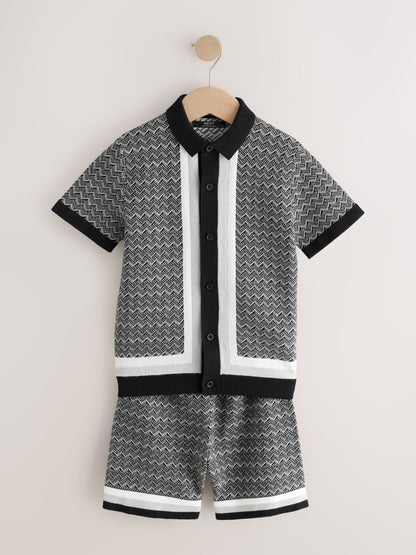 Dsiney Kidz - Monochrome Geo Knitted Button Through Polo Shirt and Shorts Set (3-16yrs) image 1