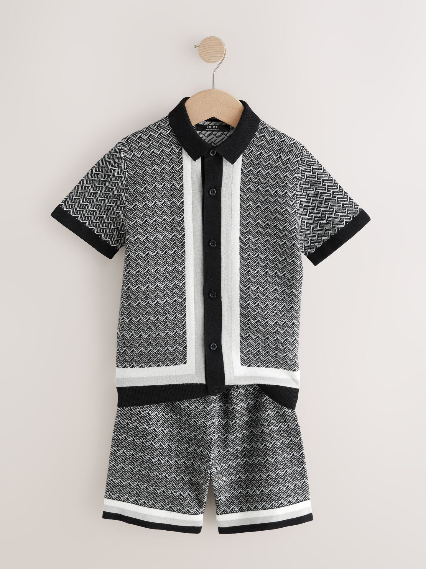 Dsiney Kidz - Monochrome Geo Knitted Button Through Polo Shirt and Shorts Set (3-16yrs) image 2