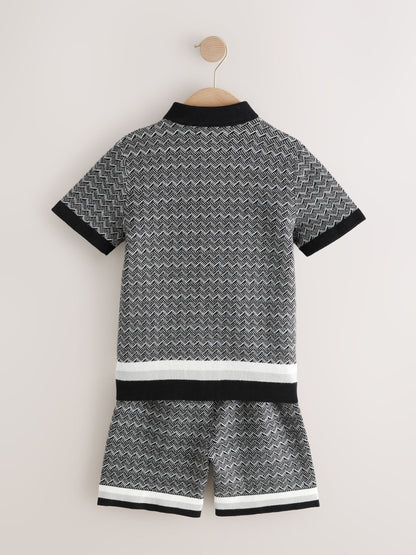 Dsiney Kidz - Monochrome Geo Knitted Button Through Polo Shirt and Shorts Set (3-16yrs) image 3
