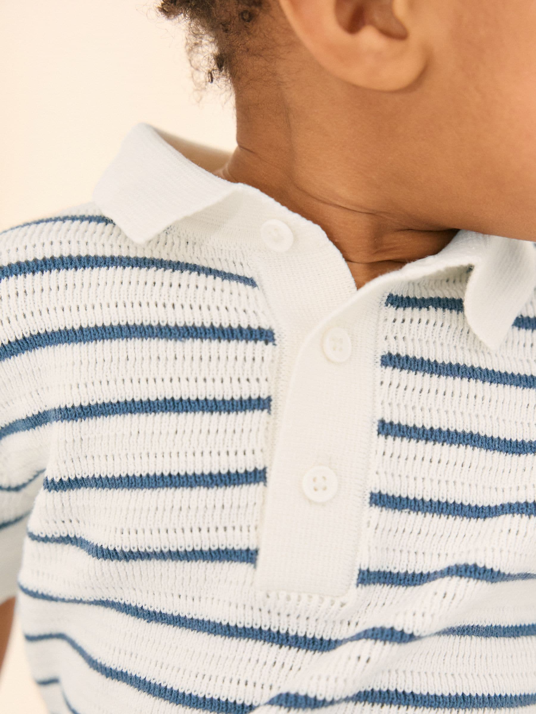 Dsiney Kidz - Navy Blue/White Button Neck Knitted 100% Cotton Polo Shirt (3mths-7yrs) image 3