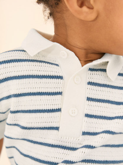 Dsiney Kidz - Navy Blue/White Button Neck Knitted 100% Cotton Polo Shirt (3mths-7yrs) image 3