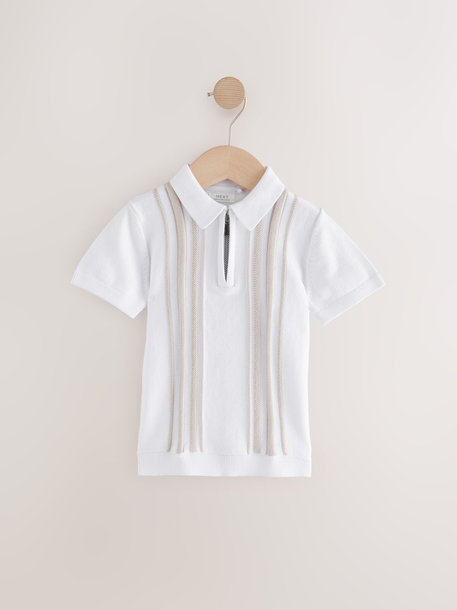Dsiney Kidz - White Vertical Stripe 100% Cotton Knitted Zip Neck Polo Shirt (3mths-7yrs) image 1