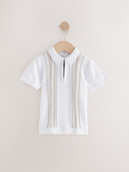Dsiney Kidz - White Vertical Stripe 100% Cotton Knitted Zip Neck Polo Shirt (3mths-7yrs) image 1
