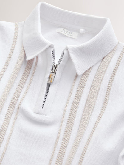 Dsiney Kidz - White Vertical Stripe 100% Cotton Knitted Zip Neck Polo Shirt (3mths-7yrs) image 3