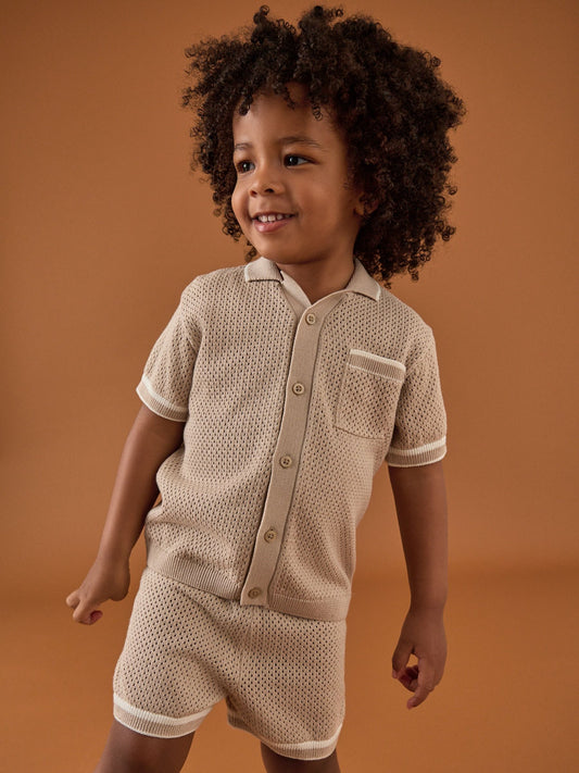 Taupe Textured Revere Collar Knitted Polo Shirt and Shorts Set (3mths-10yrs) image 1