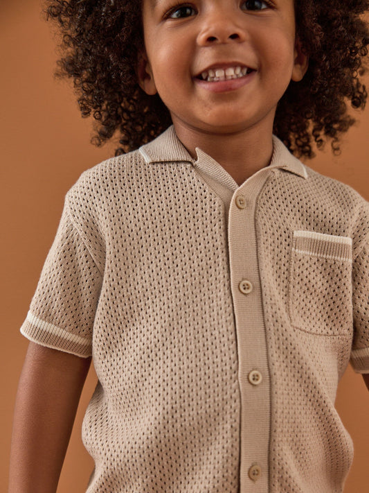 Taupe Textured Revere Collar Knitted Polo Shirt and Shorts Set (3mths-10yrs) image 3