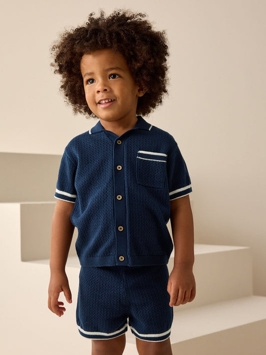 Navy Blue Textured Revere Collar Knitted Polo Shirt and Shorts Set (3mths-10yrs) image 1