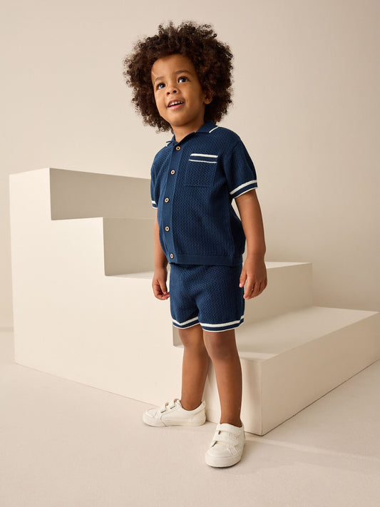 Navy Blue Textured Revere Collar Knitted Polo Shirt and Shorts Set (3mths-10yrs) image 3