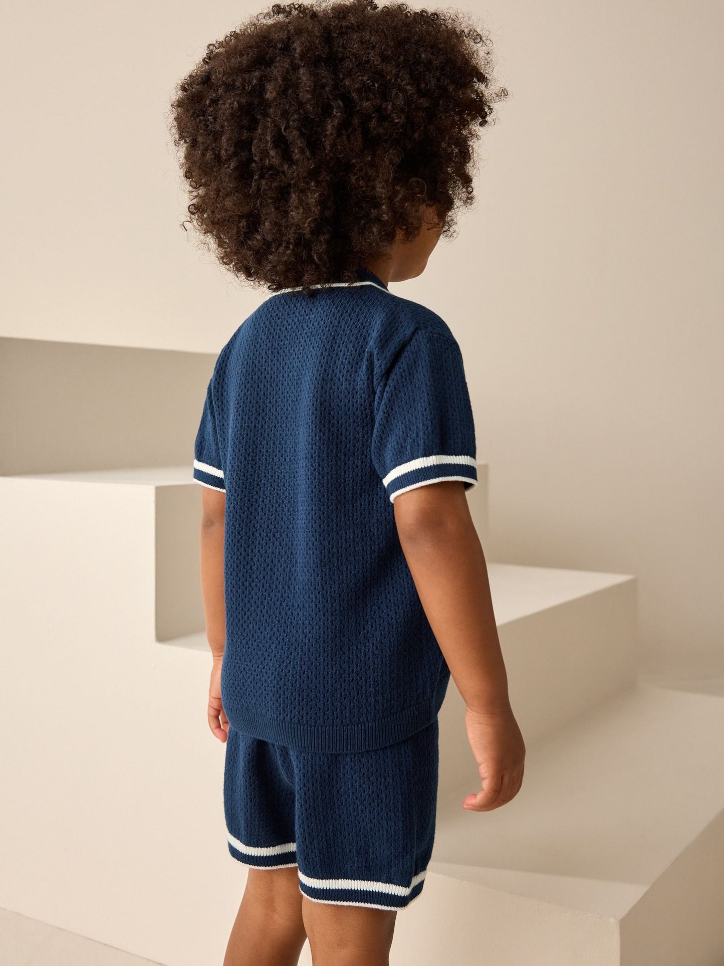 Navy Blue Textured Revere Collar Knitted Polo Shirt and Shorts Set (3mths-10yrs) image 3