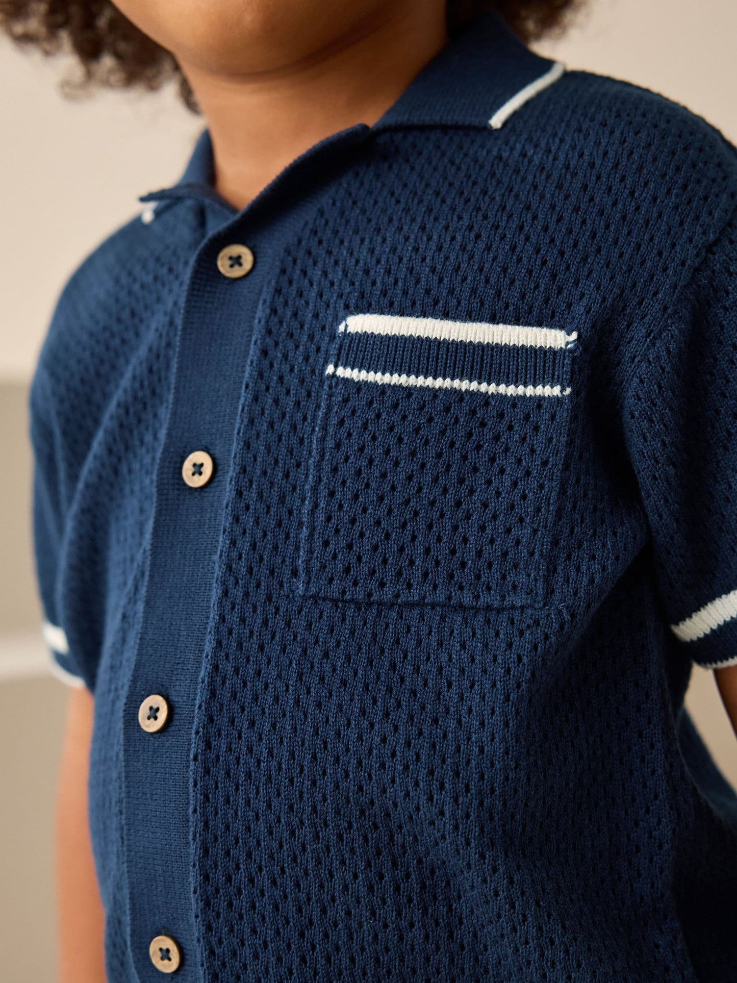 Navy Blue Textured Revere Collar Knitted Polo Shirt and Shorts Set (3mths-10yrs) image 4