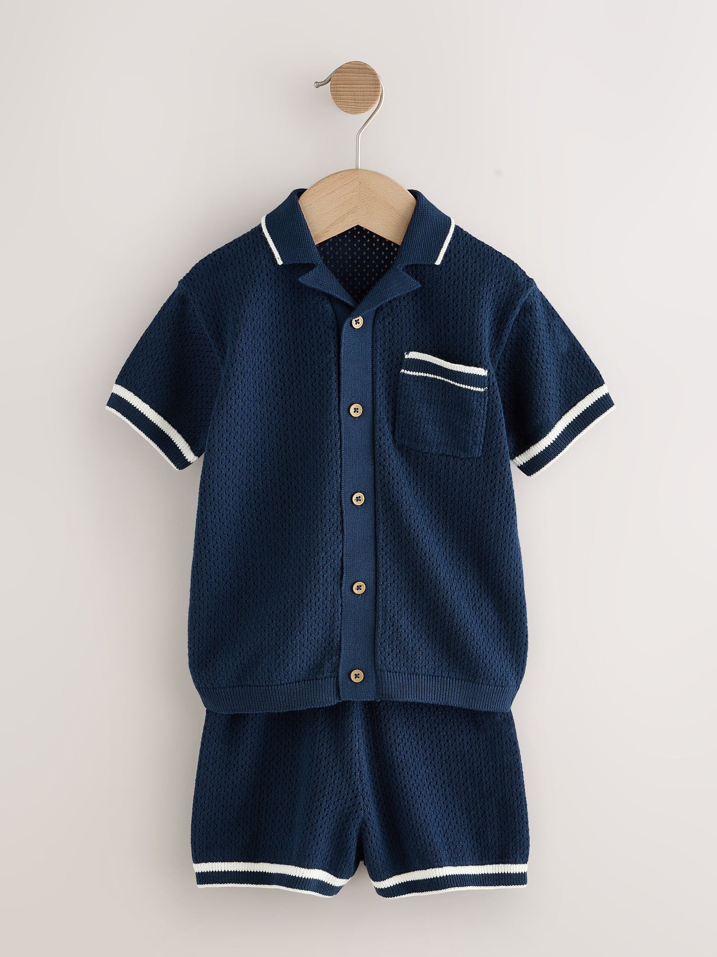 Navy Blue Textured Revere Collar Knitted Polo Shirt and Shorts Set (3mths-10yrs) image 5