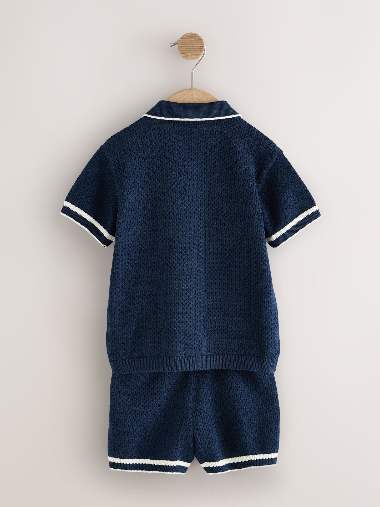 Navy Blue Textured Revere Collar Knitted Polo Shirt and Shorts Set (3mths-10yrs) image 6