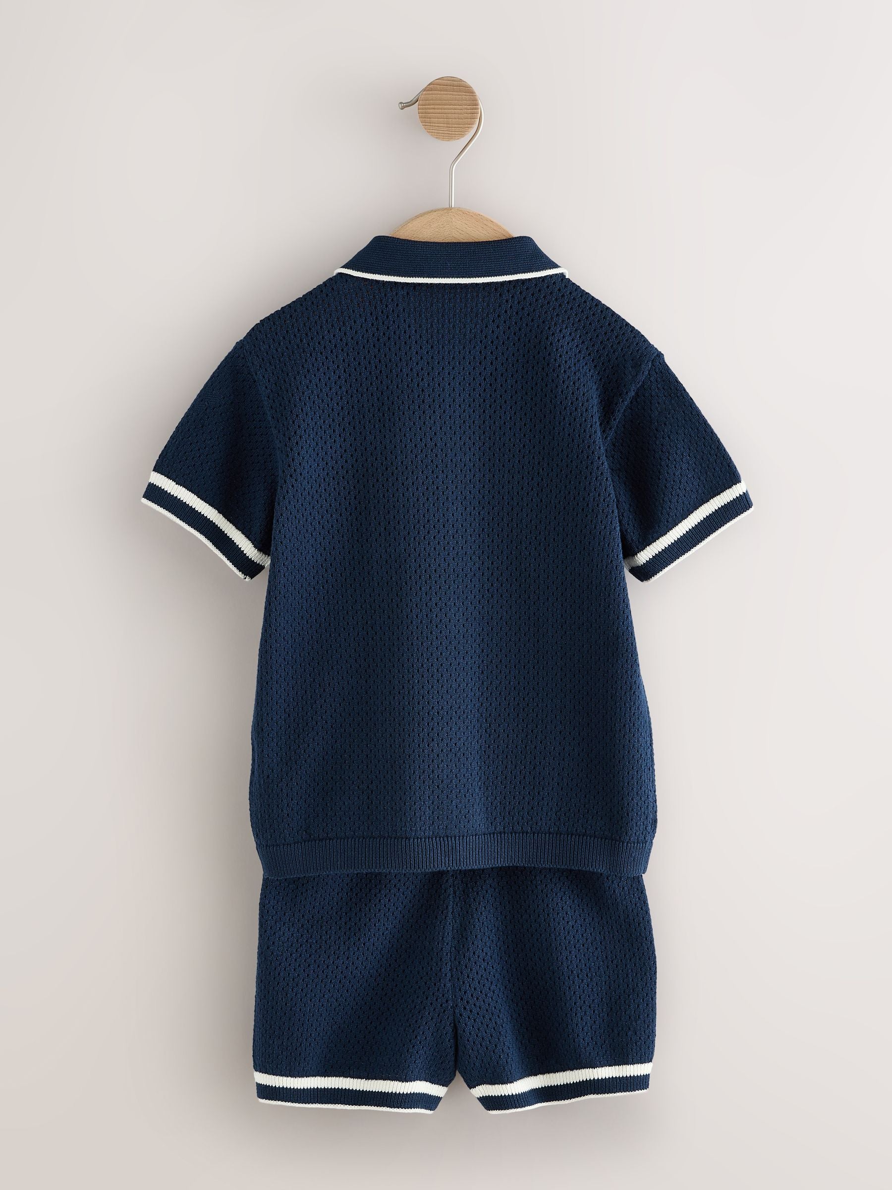 Navy Blue Textured Revere Collar Knitted Polo Shirt and Shorts Set (3mths-10yrs) image 6