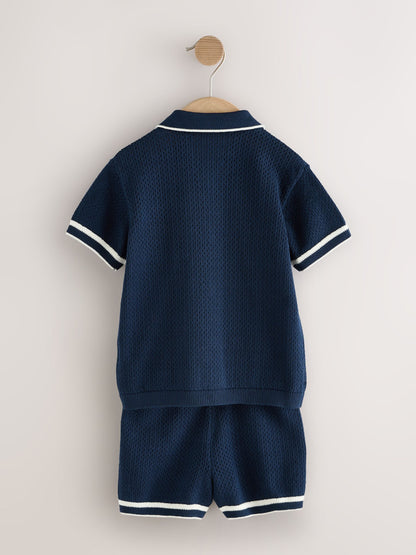 Navy Blue Textured Revere Collar Knitted Polo Shirt and Shorts Set (3mths-10yrs) image 6