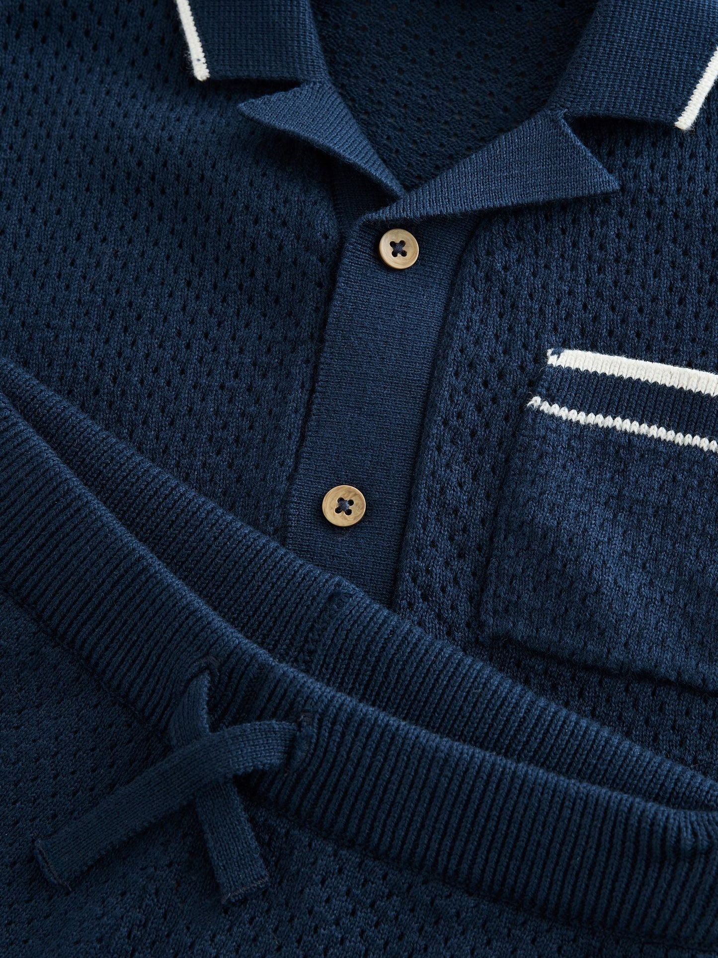 Navy Blue Textured Revere Collar Knitted Polo Shirt and Shorts Set (3mths-10yrs) image 7
