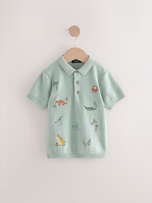 Mineral Blue 100% Cotton Knitted Short Sleeve Embroidered Polo Shirt (3mths-7yrs)