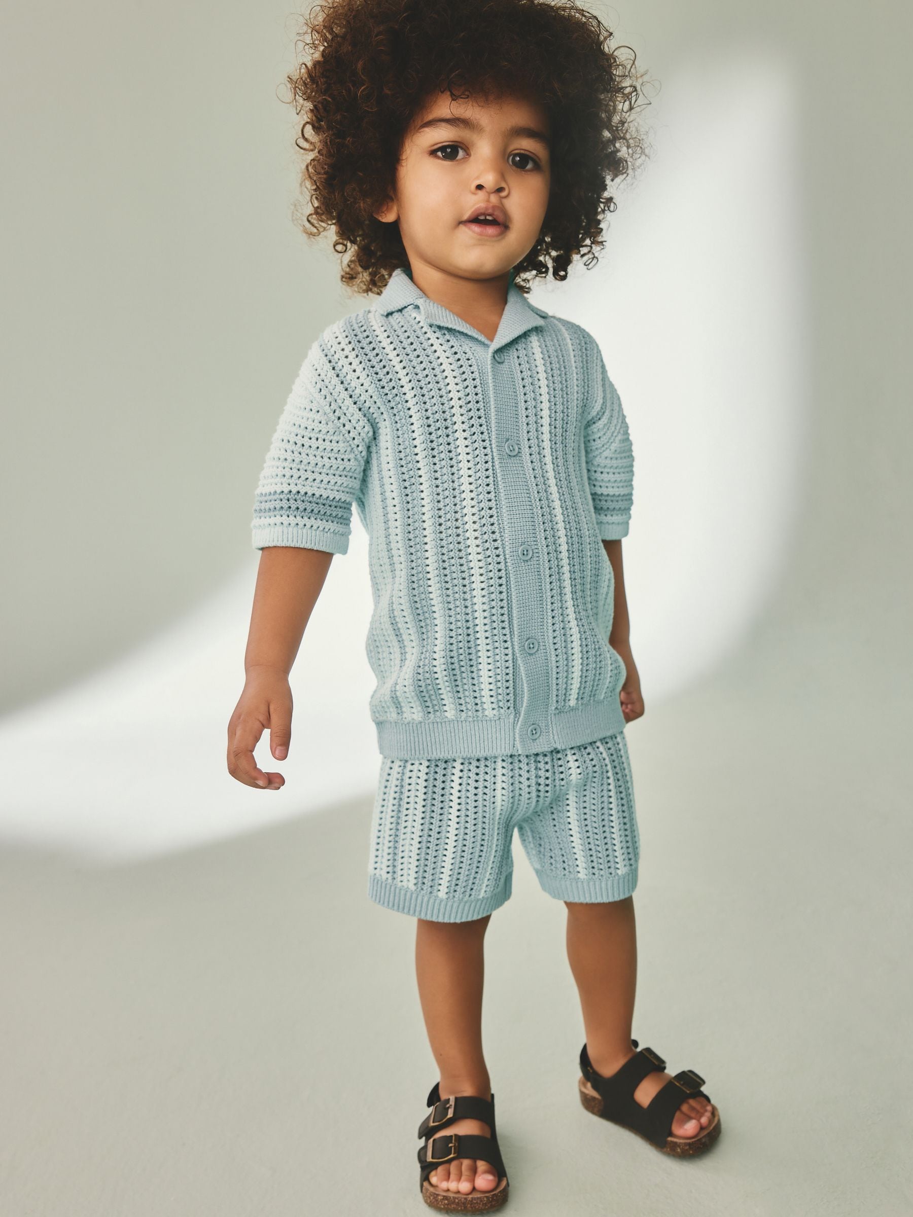 Blue Crochet Knitted Short Sleeve Shirt and Shorts Set (3mths-10yrs) image 1