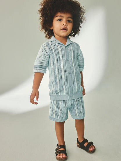 Blue Crochet Knitted Short Sleeve Shirt and Shorts Set (3mths-10yrs) image 1