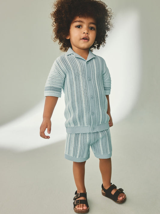 Blue Crochet Knitted Short Sleeve Shirt and Shorts Set (3mths-10yrs) image 1