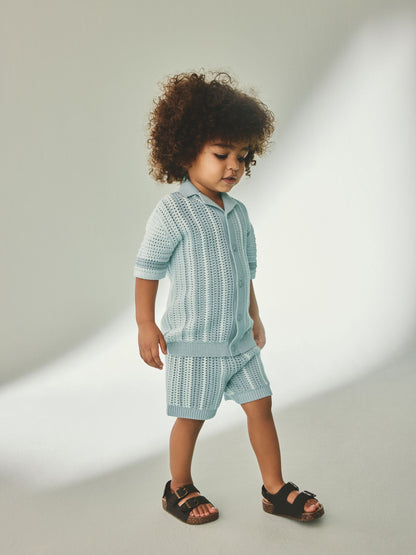 Blue Crochet Knitted Short Sleeve Shirt and Shorts Set (3mths-10yrs) image 4