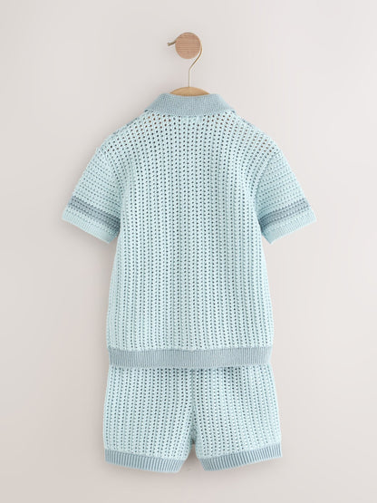 Blue Crochet Knitted Short Sleeve Shirt and Shorts Set (3mths-10yrs) image 6