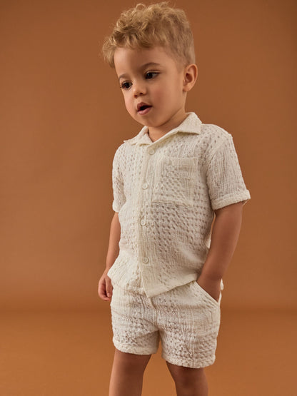 Ecru Texture Plain Revere Collar Short Sleeve Shirt And Shorts Set (3mths-7yrs) image 1