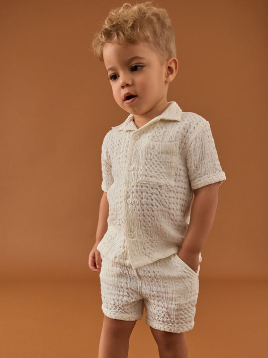 Ecru Texture Plain Revere Collar Short Sleeve Shirt And Shorts Set (3mths-7yrs) image 1