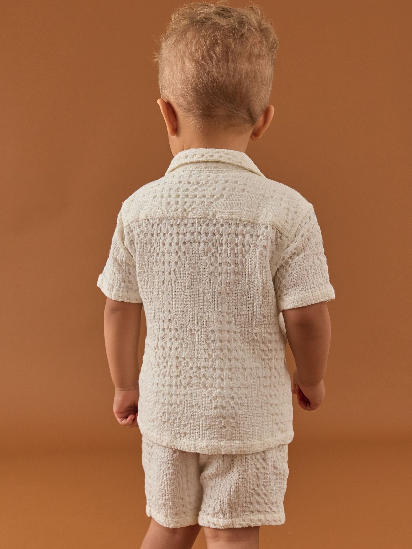 Ecru Texture Plain Revere Collar Short Sleeve Shirt And Shorts Set (3mths-7yrs) image 3