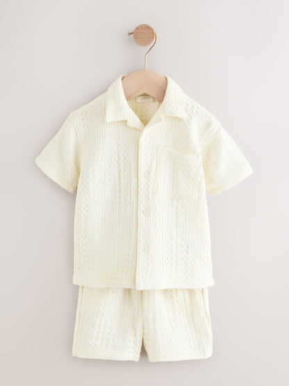 Ecru Texture Plain Revere Collar Short Sleeve Shirt And Shorts Set (3mths-7yrs) image 5