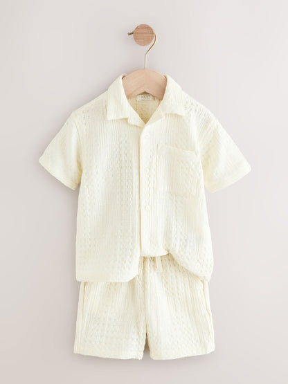 Ecru Texture Plain Revere Collar Short Sleeve Shirt And Shorts Set (3mths-7yrs) image 6