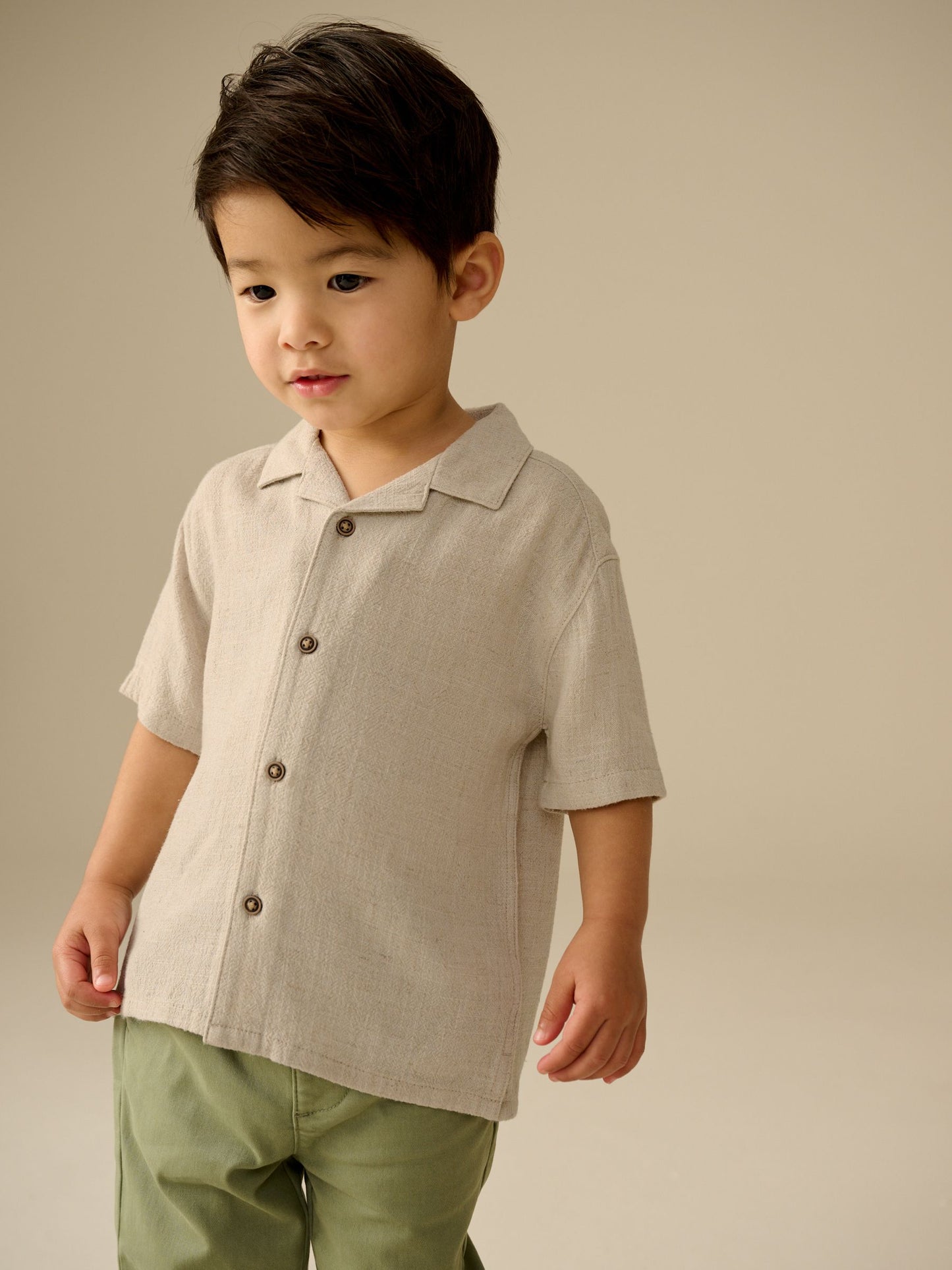 Dsiney Kidz - Neutral Plain Short Sleeves Linen Blend Revere Collar Shirt (3mths-7yrs) image 1