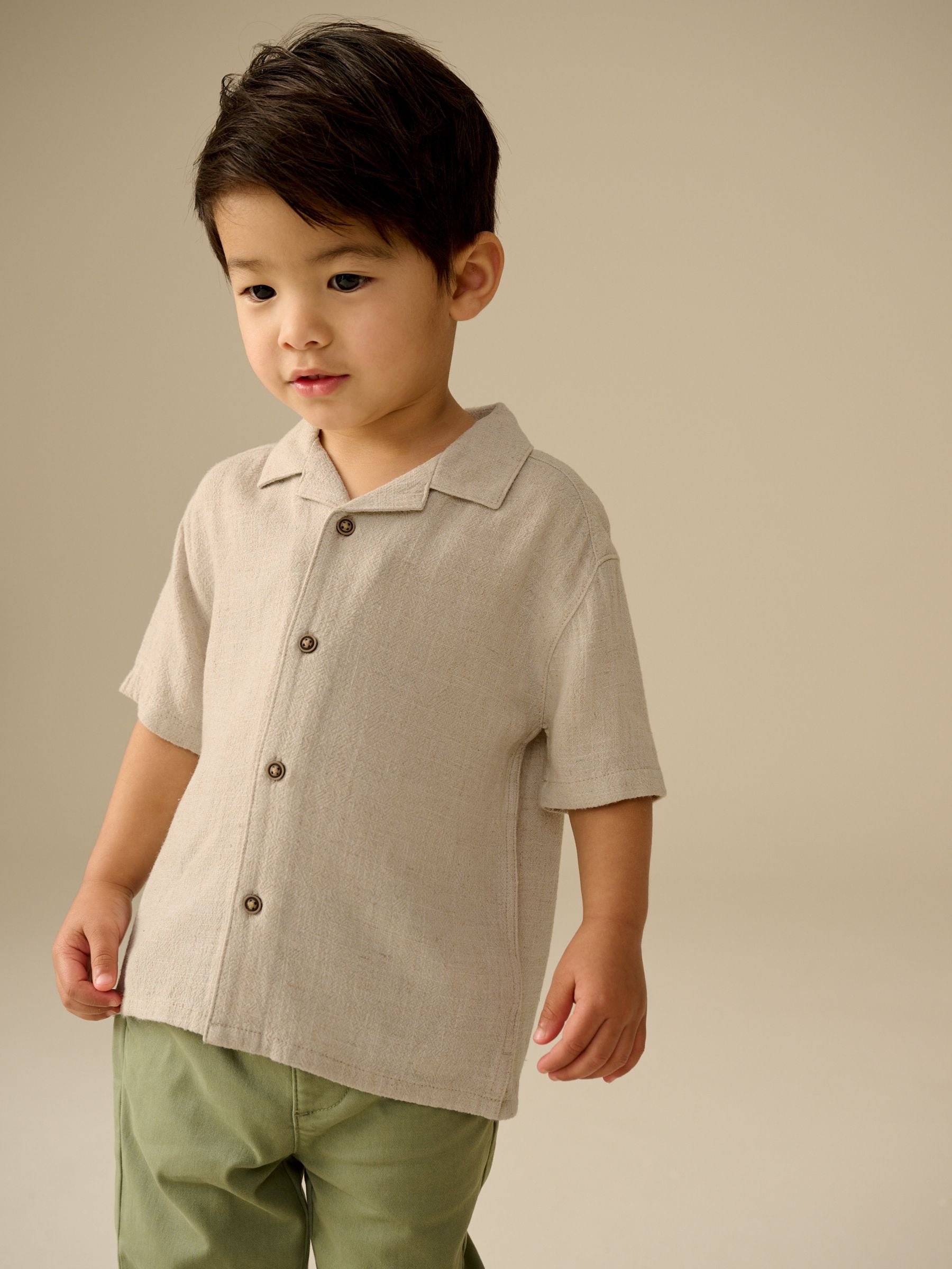 Dsiney Kidz - Neutral Plain Short Sleeves Linen Blend Revere Collar Shirt (3mths-7yrs) image 1