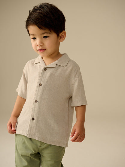 Dsiney Kidz - Neutral Plain Short Sleeves Linen Blend Revere Collar Shirt (3mths-7yrs) image 1