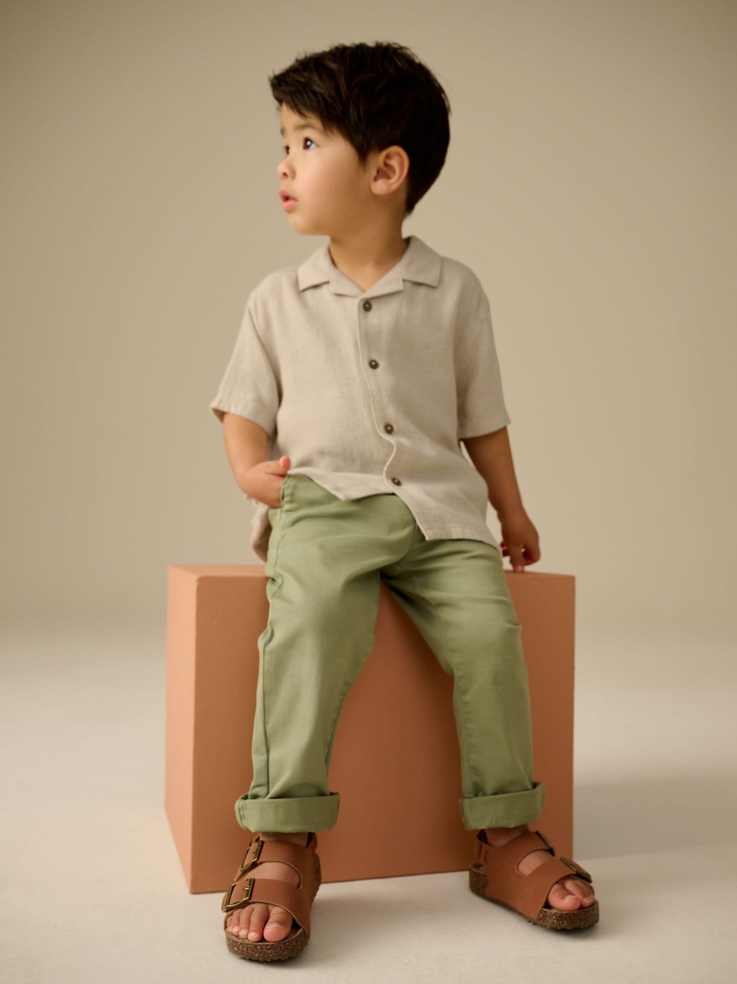 Dsiney Kidz - Neutral Plain Short Sleeves Linen Blend Revere Collar Shirt (3mths-7yrs) image 2