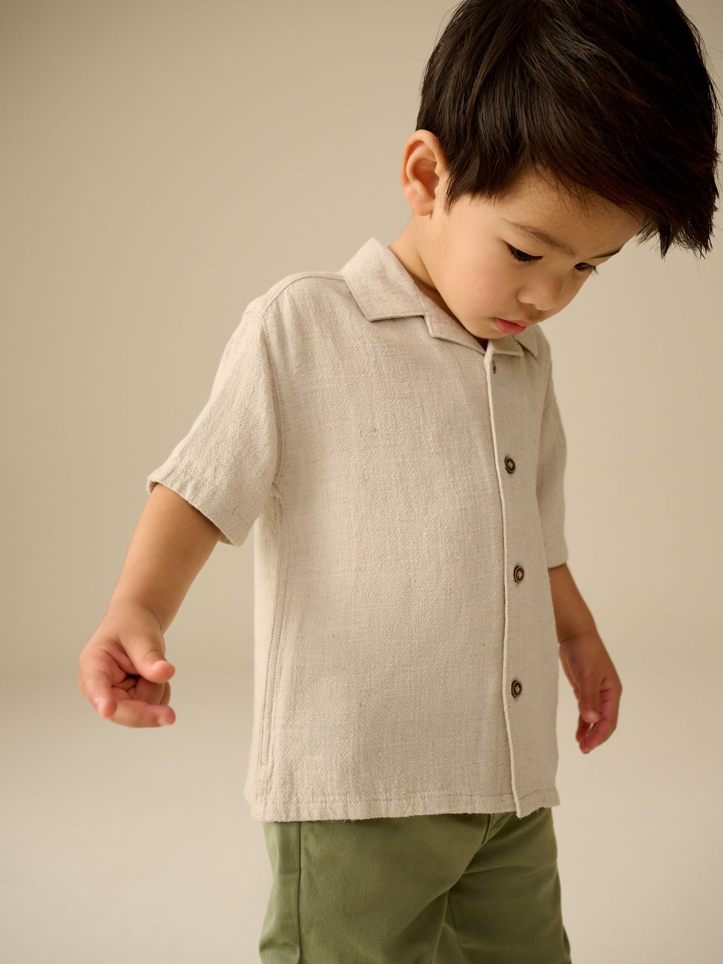 Dsiney Kidz - Neutral Plain Short Sleeves Linen Blend Revere Collar Shirt (3mths-7yrs) image 3