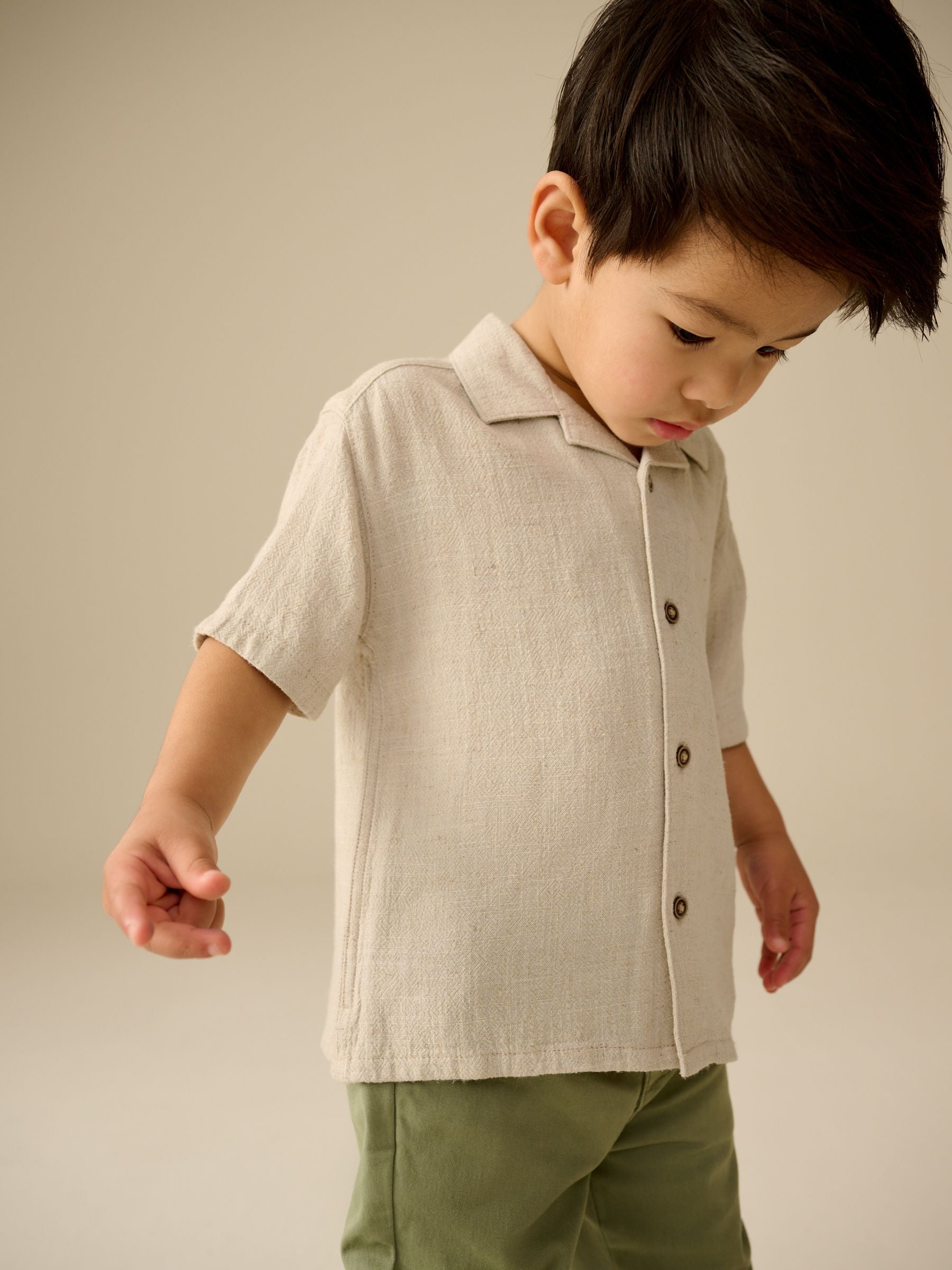 Dsiney Kidz - Neutral Plain Short Sleeves Linen Blend Revere Collar Shirt (3mths-7yrs) image 3
