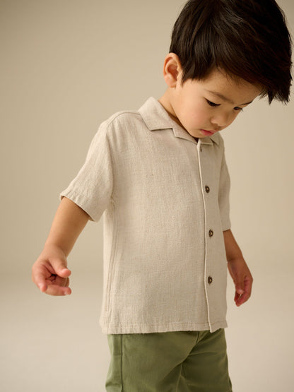Dsiney Kidz - Neutral Plain Short Sleeves Linen Blend Revere Collar Shirt (3mths-7yrs) image 3
