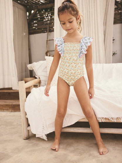 Blue Tile Print Frill Sleeve Swimsuit (3-16yrs) image 5