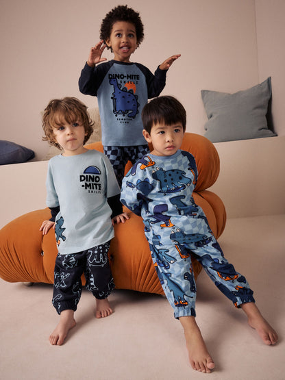 Orange/Navy Dinosaur Oversized Pyjamas 3 Pack (9mths-8yrs) image 1