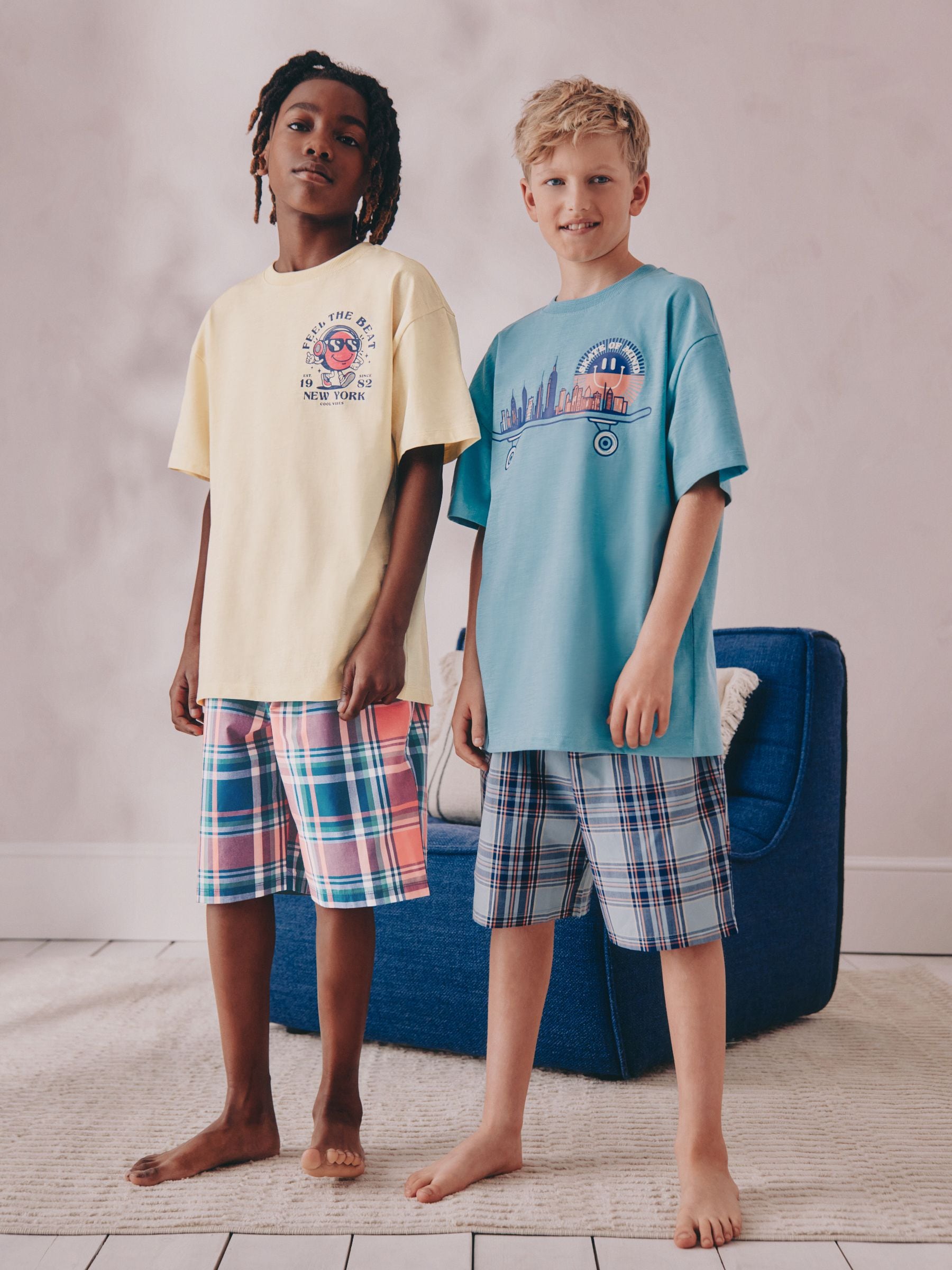 White/Blue Smile/Skate Check Woven Short Pyjamas 2 Pack (4-16yrs) image 1