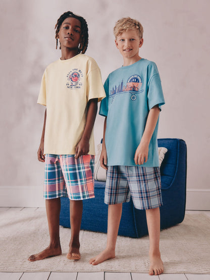 White/Blue Smile/Skate Check Woven Short Pyjamas 2 Pack (4-16yrs) image 1