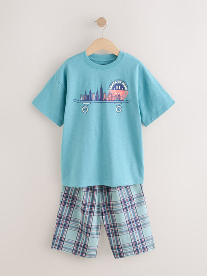 White/Blue Smile/Skate Check Woven Short Pyjamas 2 Pack (4-16yrs) image 8