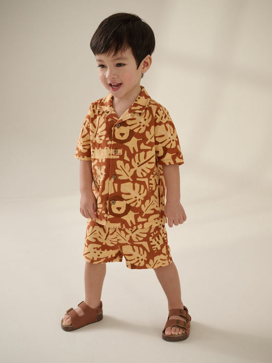 Tan Brown Safari AOP Short Sleeves Printed Shirt and Shorts Set (3mths-7yrs) image 1