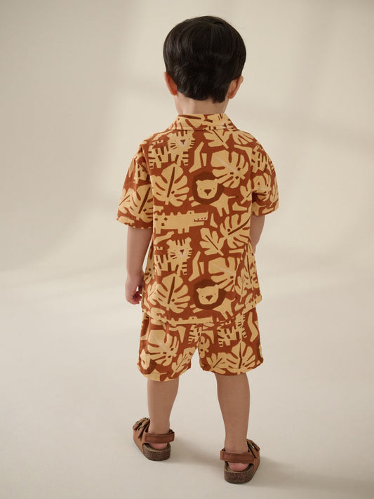 Tan Brown Safari AOP Short Sleeves Printed Shirt and Shorts Set (3mths-7yrs) image 3